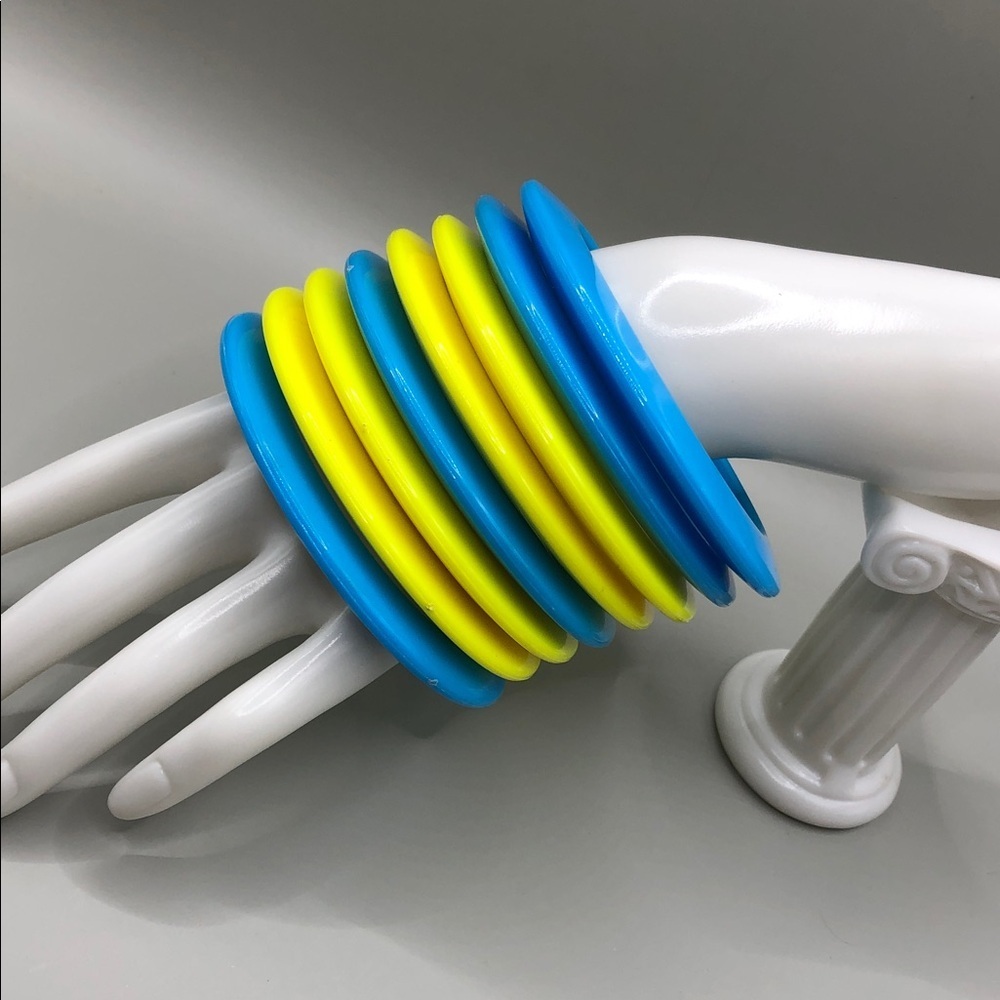 Vintage 80's 90's skinny acrylic blue yellow stackable layering bangle bracelets